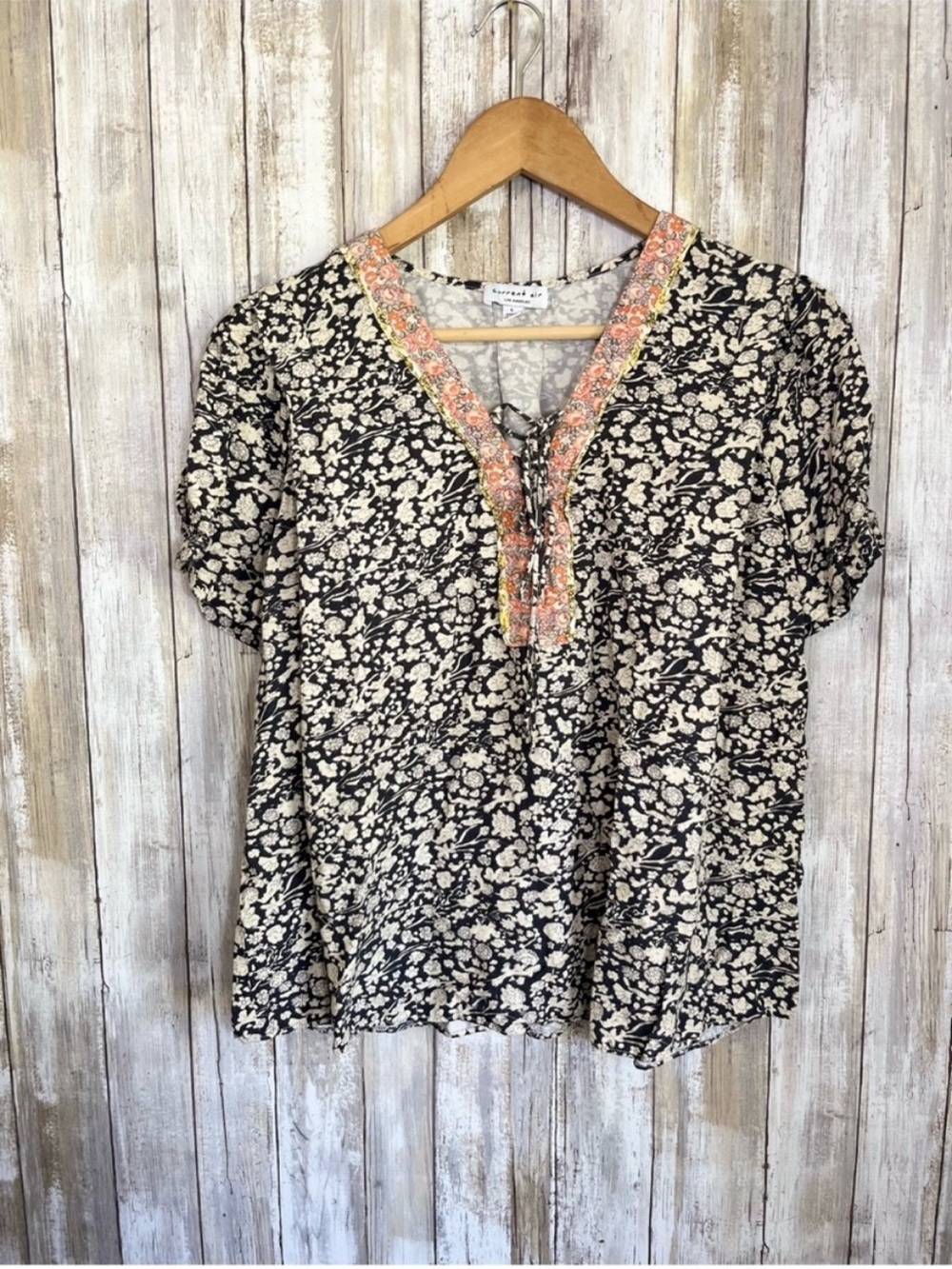 Current Air Linen Blend Floral Blouse Boho Tie Neck Lightweight Top L